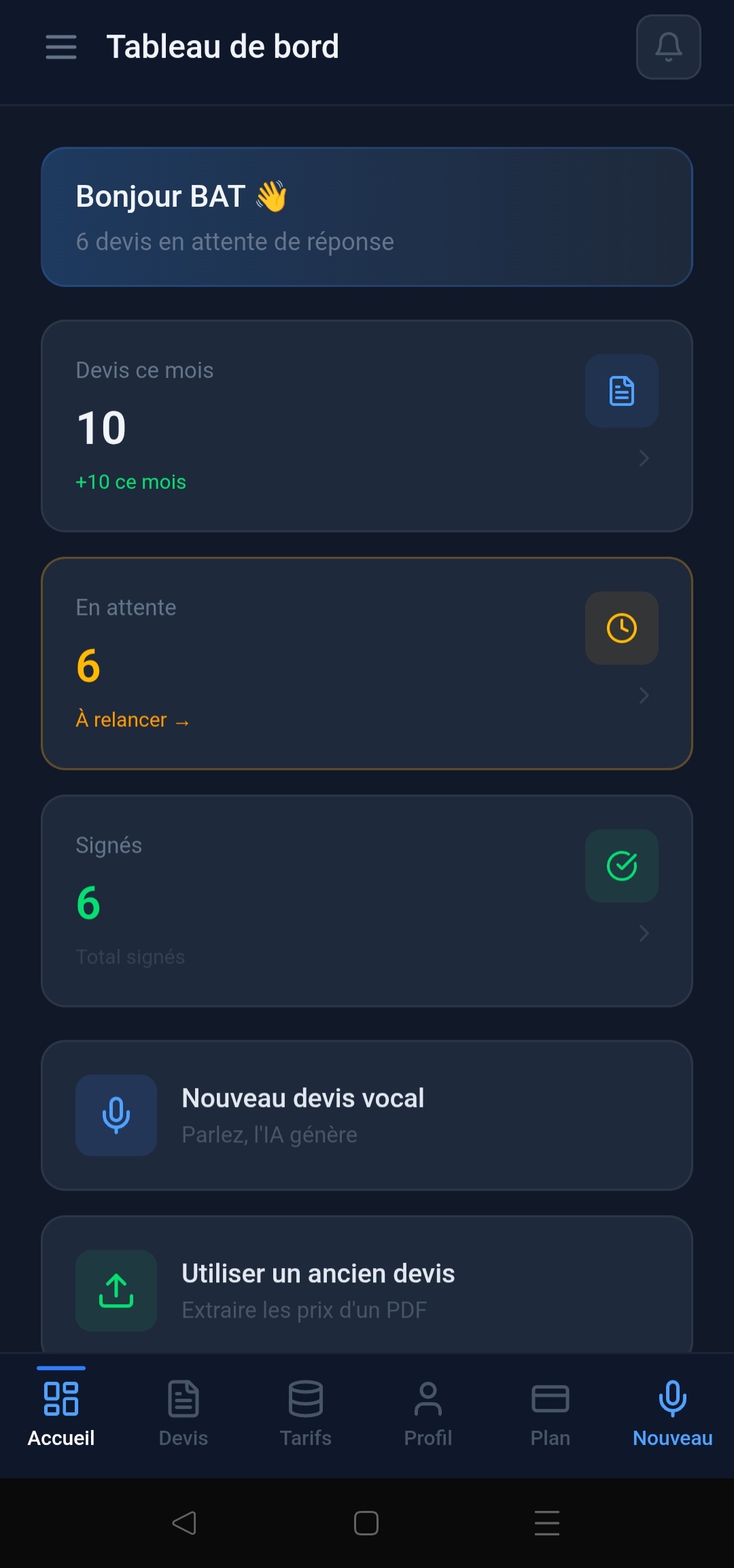 Tableau de bord Voquot avec les statistiques de devis