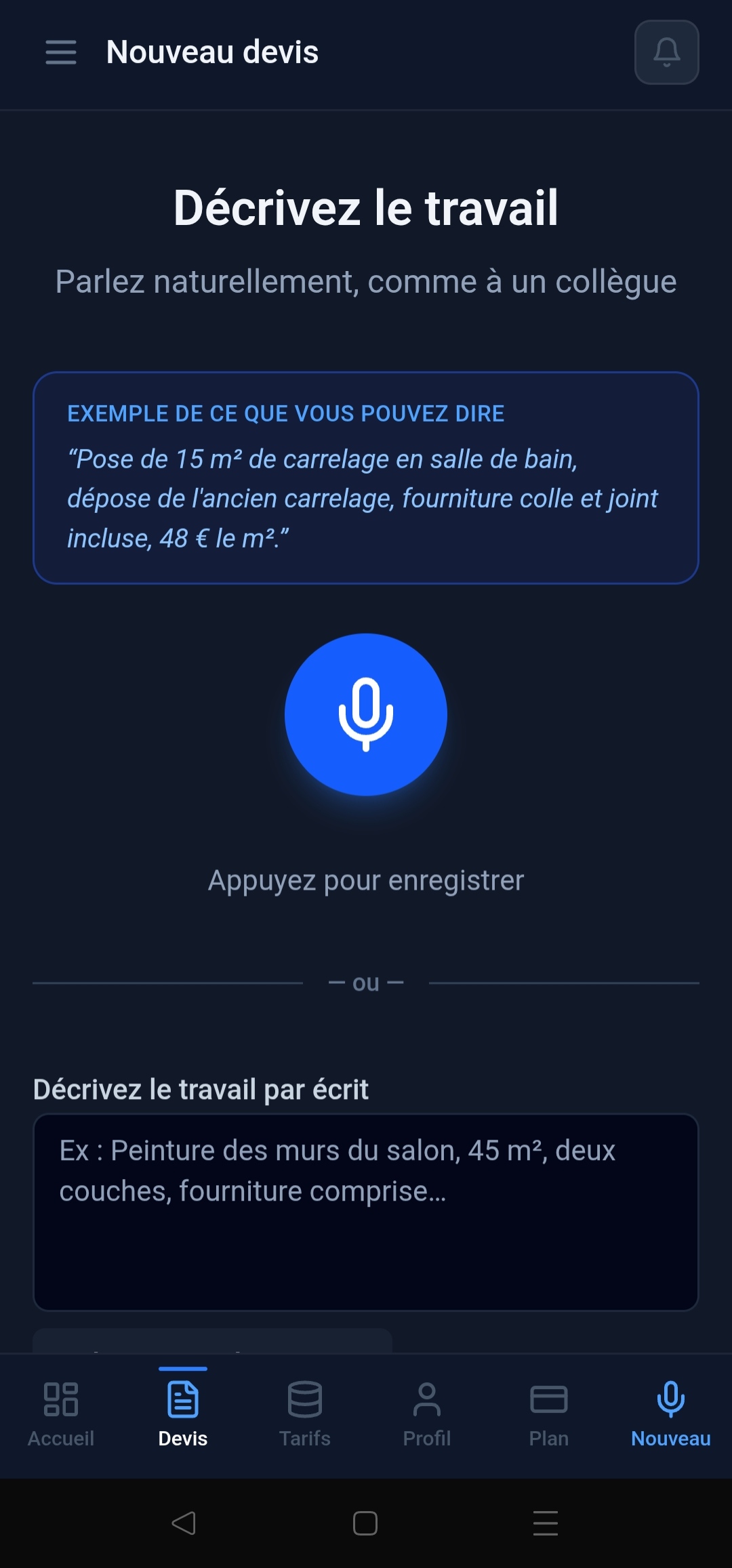 Voquot — écran de dictée vocale d'un nouveau devis